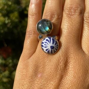Sterling Silver and Labradorite Stone  and Talavera pottery Women's Ring